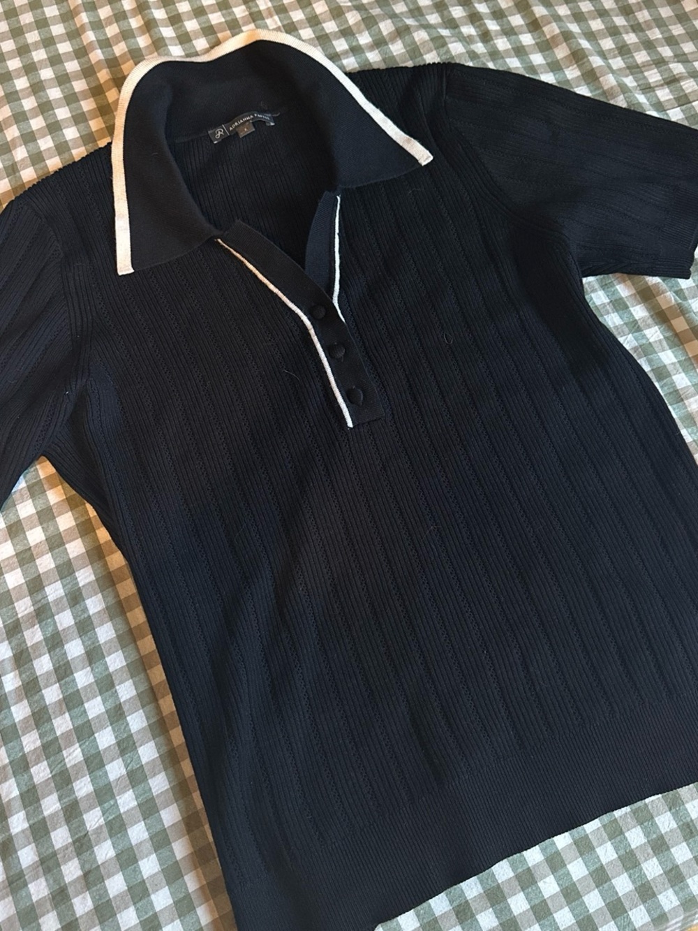 Adrianna Papell Black V-Neck Short-Sleeve Sweater with White Trim